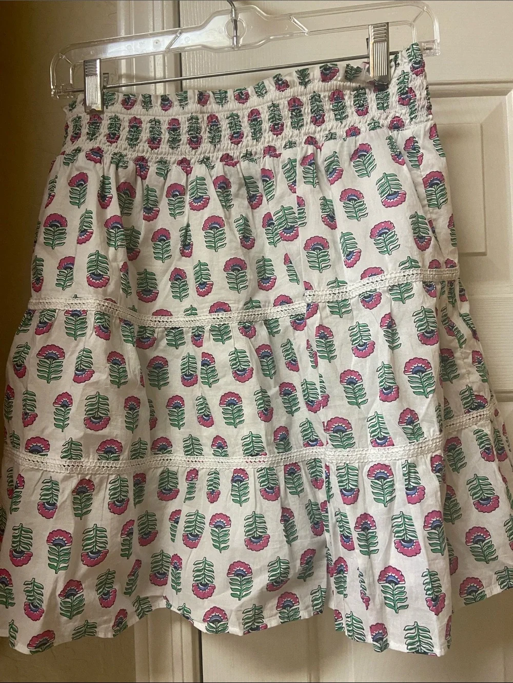 J. Crew White Cotton Tiered Mini Skirt with Pink & Green Floral Print